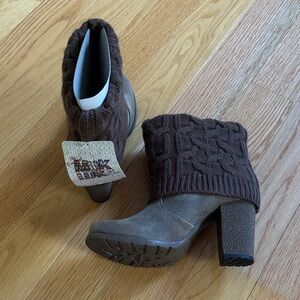 Muk Luks Taupe Heeled Boots with Brown Knit Cuff
